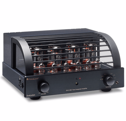 PrimaLuna EVO 400 Tube Integrated Amplifier Black with cover on an angle