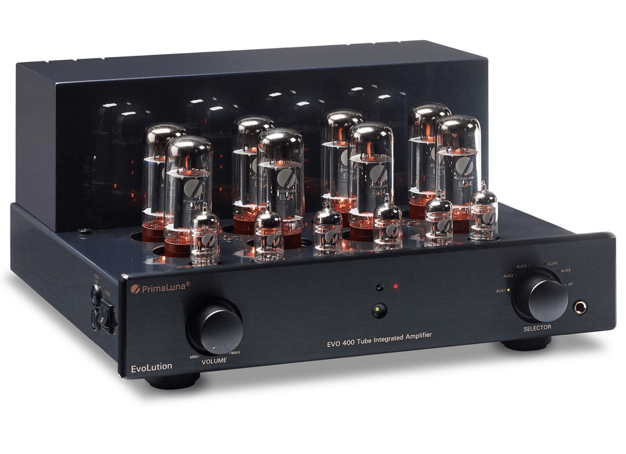 PrimaLuna EVO 400 Tube Integrated Amplifier Black without cover on an angle