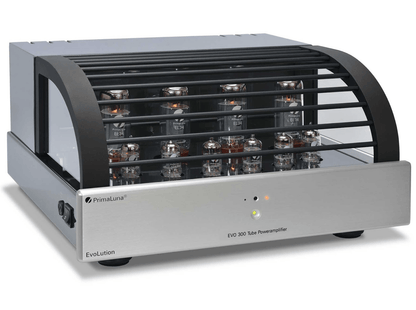 PrimaLuna EVO 300 Tube Power Amplifier in Silver with cover, angled image