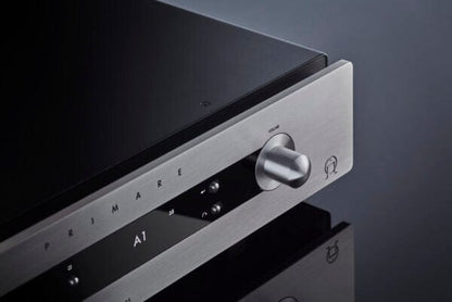 Primare I35 Integrated Amplifier, closeup up of titanium unit