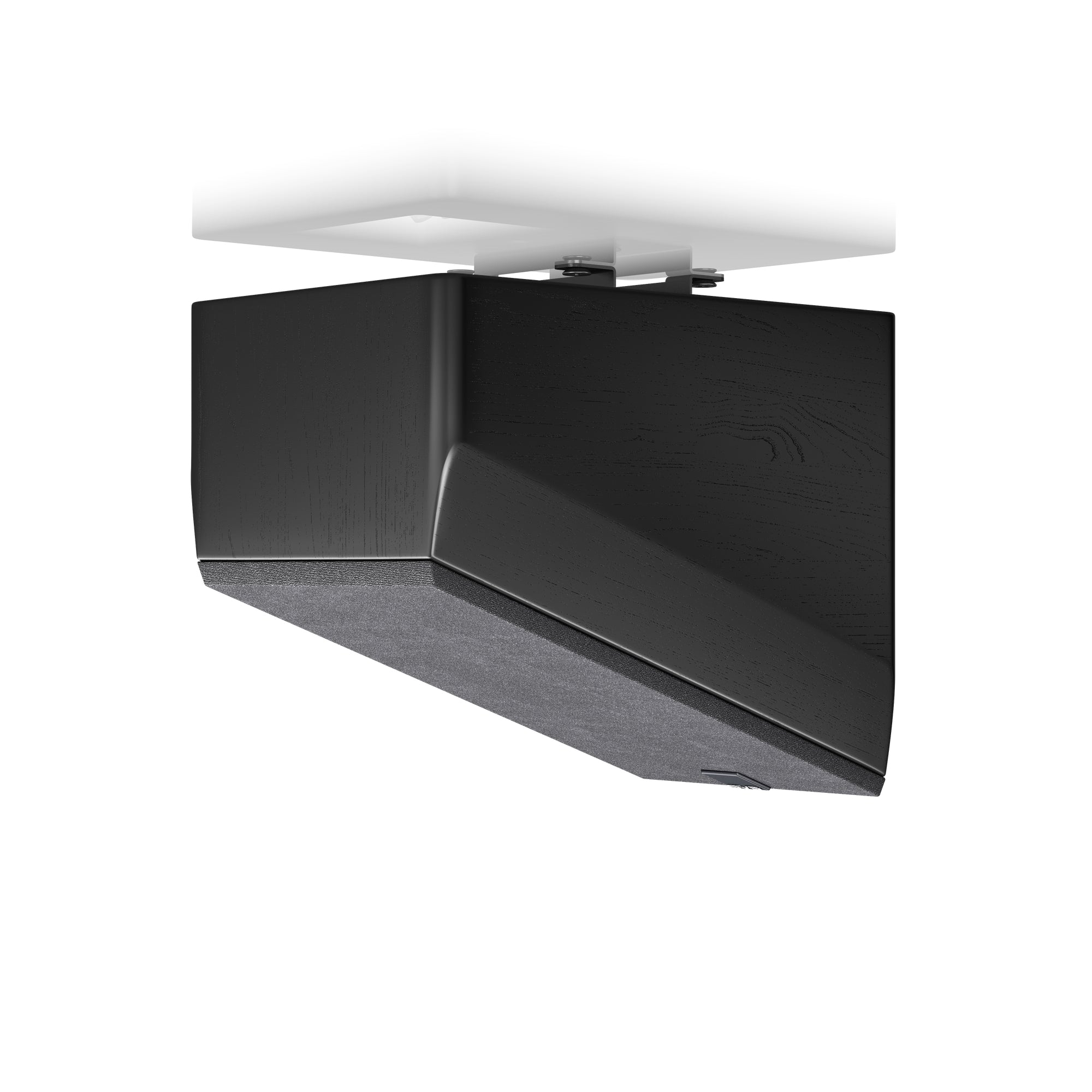 SVS Ultra Elevation Wall Speakers in Black Ash. Image shows individual with mesh as ceiling mount