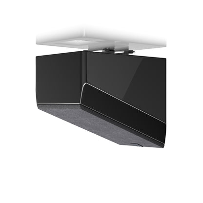 SVS Ultra Elevation Wall Speakers in Piano Black. Image shows individual with mesh as ceiling mount