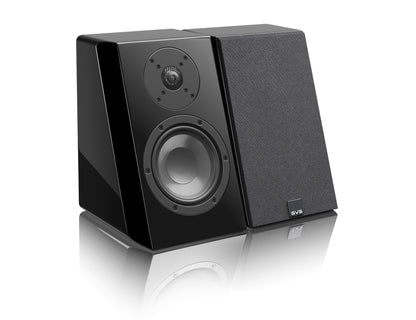 SVS Ultra Elevation Wall Speakers in Piano Black.  Image shows pair, with and without mesh