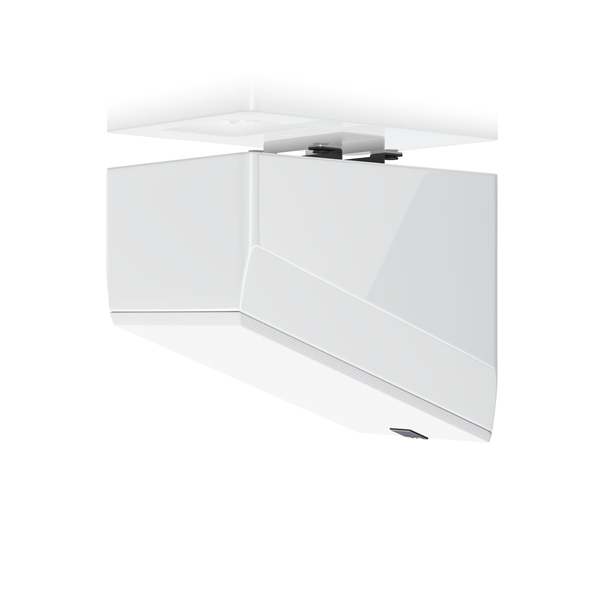 SVS Ultra Elevation Wall Speakers in Piano White. Image shows individual with mesh as ceiling mount