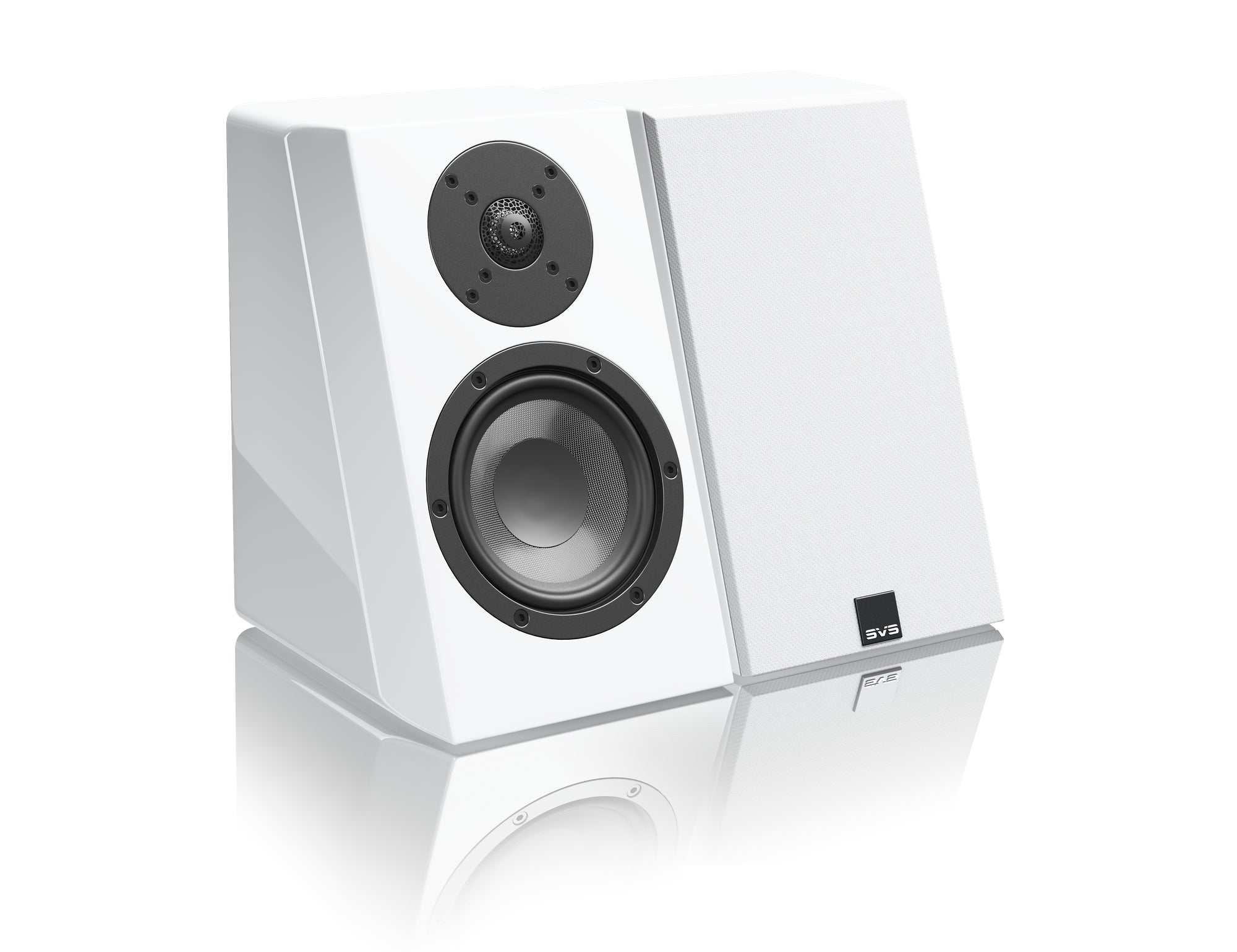 SVS Ultra Elevation Wall Speakers in Piano White. Image shows pair, with and without mesh